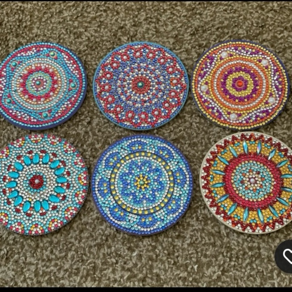Completed Mandala Coasters Set of 6 w/Holder 4” Round Diamond Art